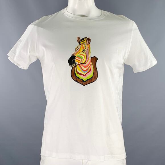 PAUL SMITH Size L White Multi Color Zebra Cotton Short Sleeve T-shirt - Picture 1 of 5